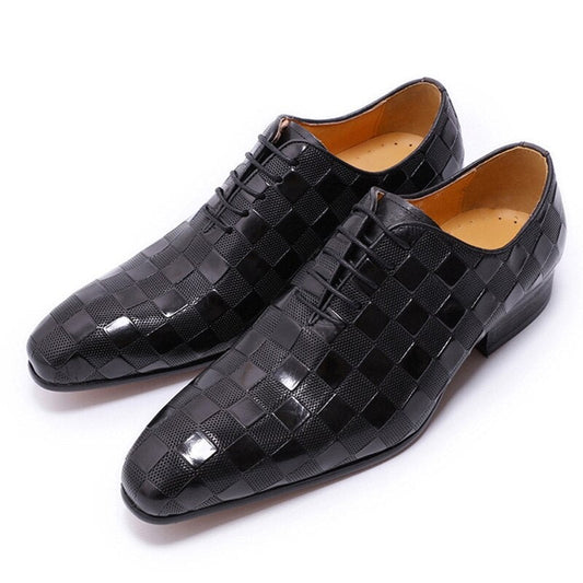 Luxury Italian Leather Dress Shoes Men Fashion Plaid Print Lace Up