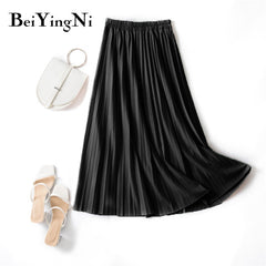 Pleated Midi Skirt Elastic High Waist Sweet Casual Summer Slim