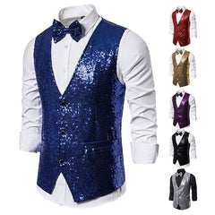 Shiny Royal Blue Sequin Dress Vests Men Slim Fit V Neck Glitter Tuxedo Waistcoat