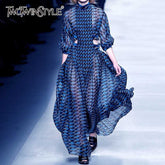 Print Dress For Women Stand Collar Long Sleeve High Waist Hollow Out Midi Dresses