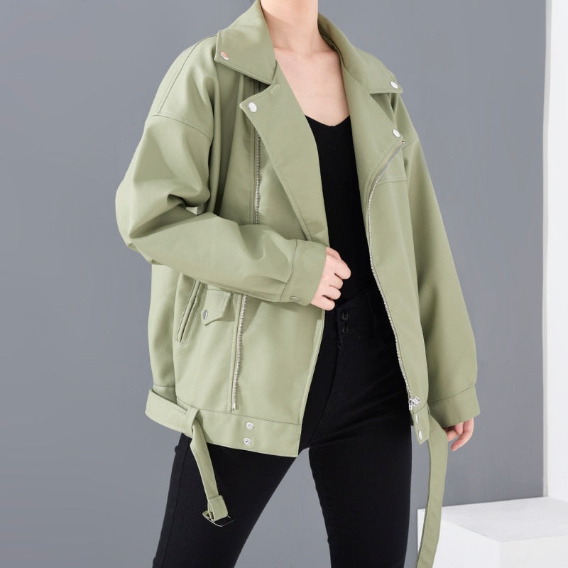 Spring Black PU Leather Loose Turn-down Collar