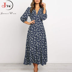 Women Chiffon Long Dress Floral Print Lantern Sleeve A-line Maxi
