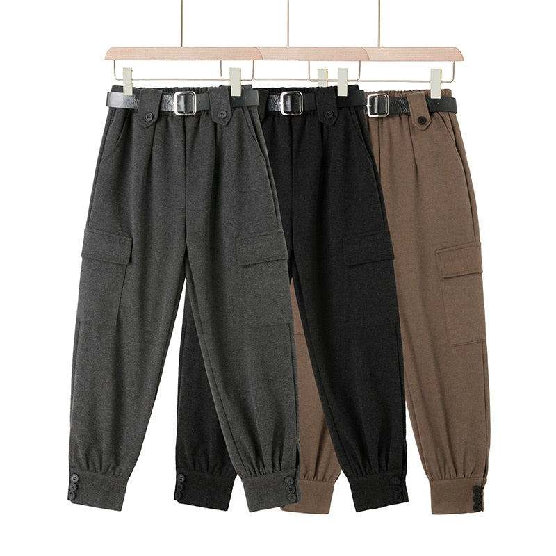 Streetwear Cargo Pants Women Harajuku Winter Woolen Warm Ladies Trousers