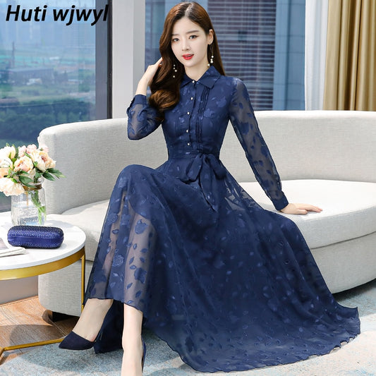 Pink Midi Dress Autumn Winter Vintage Solid Casual Chiffon Maxi Dress Women