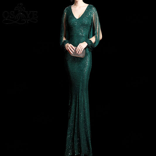 Evening wear Dresses: Silver Sequin Evening Dresses V neck Mermaid Prom Gown