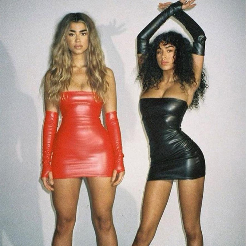 PU Leather With Gloves Party Dress Women Backless Clubwear