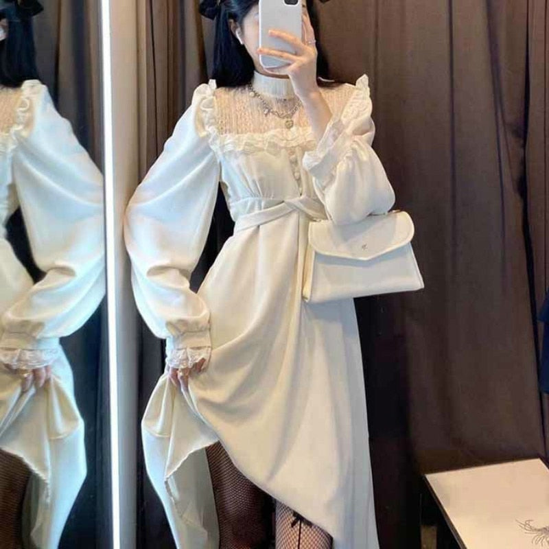 French Lace Vintage Dress Women Fashion Puffer Sleeve Elegant One Piece Dress