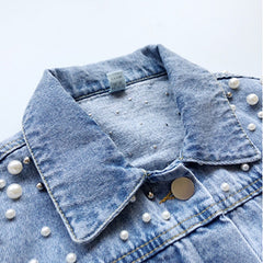 Pearls Beading Denim Jacket For Girls Fashion Coats Children Clothing Autumn