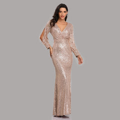 V-neck Mermaid Evening Dress Long Formal Prom Party Gown Full Sequins