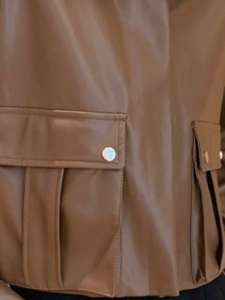 Spring Short Brown Casual Faux Leather Jackets for Women