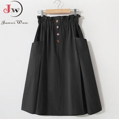 Women Summer Skirt Spring Korean Style Casual Solid High Waist A-Line Midi Skirts