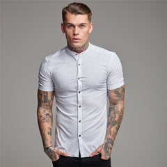 Summer Man Short Sleeve Shirt Solid Fitness Mens Stand