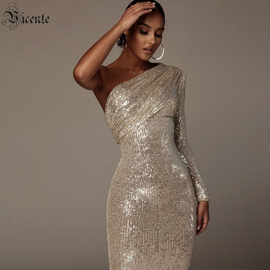 One Shoulder Dress Sparkle Glitzy Sequins Dress
