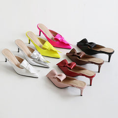 Tip-toed high-heeled bow slippers for women in summer wearing thin-heeled