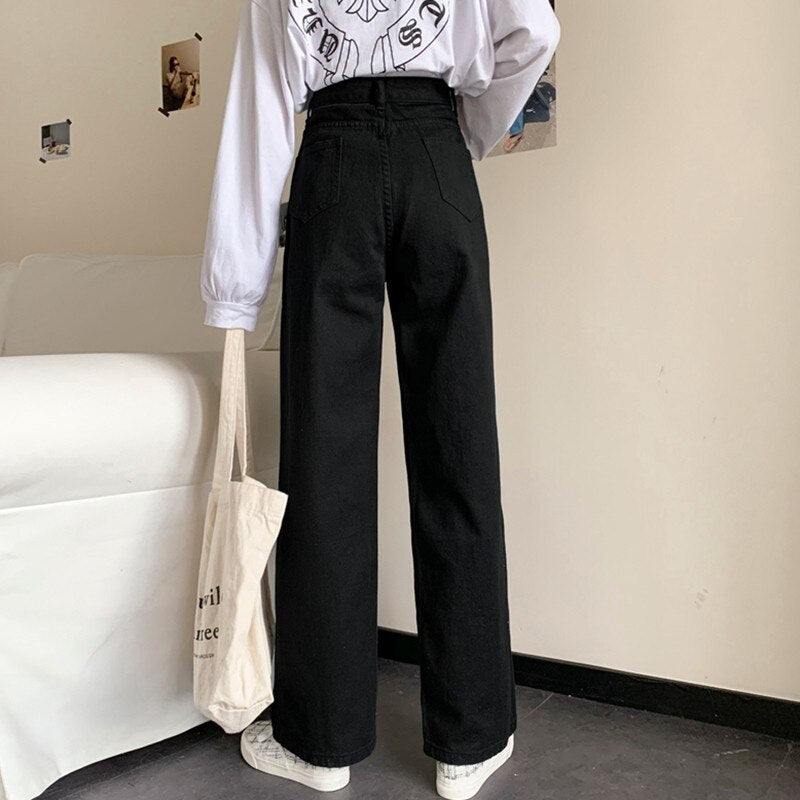 Women White Casual Jeans Autumn Korean Style All-match Loose High Waist