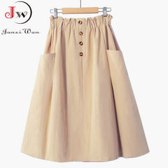 Women Summer Skirt Spring Korean Style Casual Solid High Waist A-Line Midi Skirts
