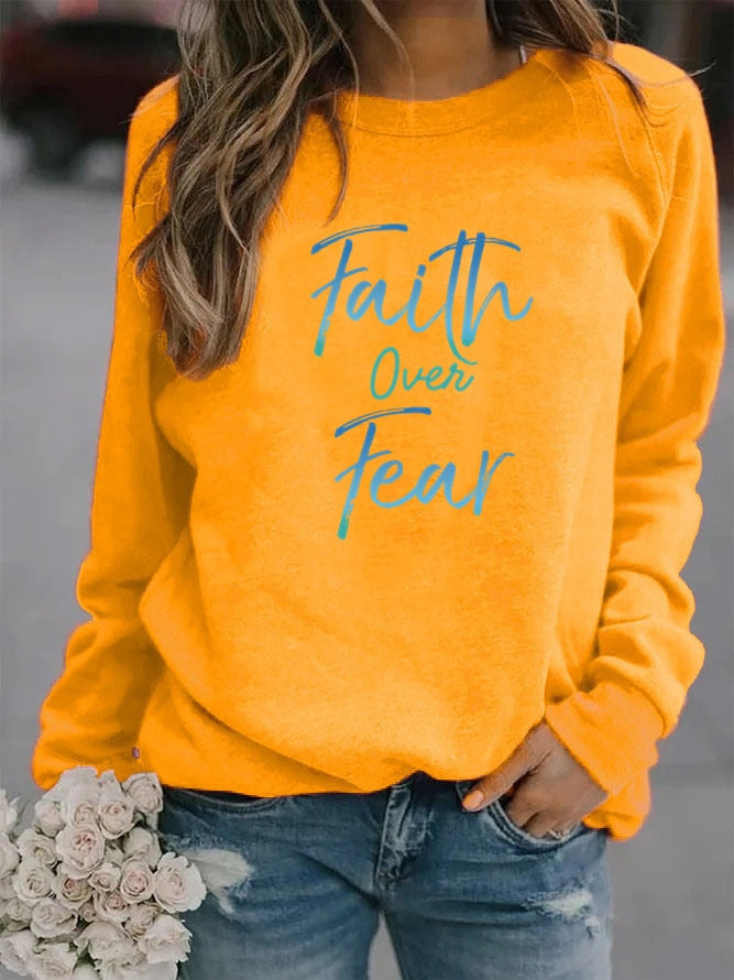 Women Hoodie Faith Over Fear Letter Printed Hoodies Women Fleece Long