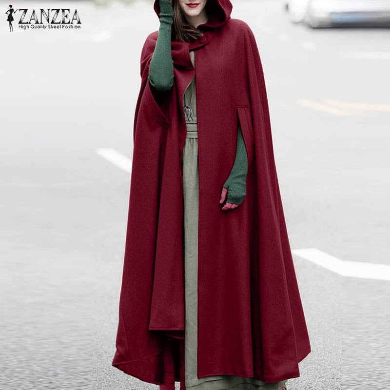 Women Autumn Winter Hoodies Long Cape Cloak Casual Hooded Coat
