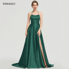 Evening wear Dresses: Long Prom Dresses Green Evening Dress Satin Prom Gowns