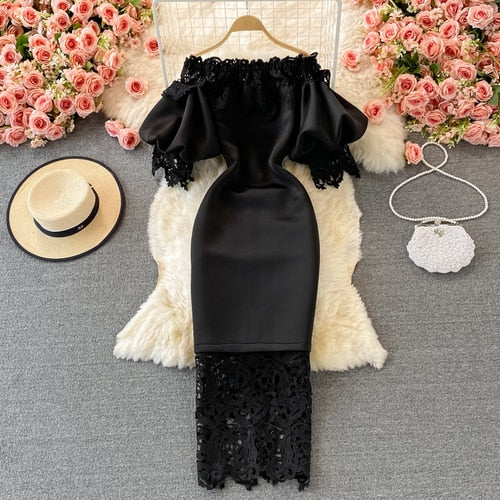 Out Lace Bodycon Long Dress Women Elegant Red/Pink/White Off Shoulder