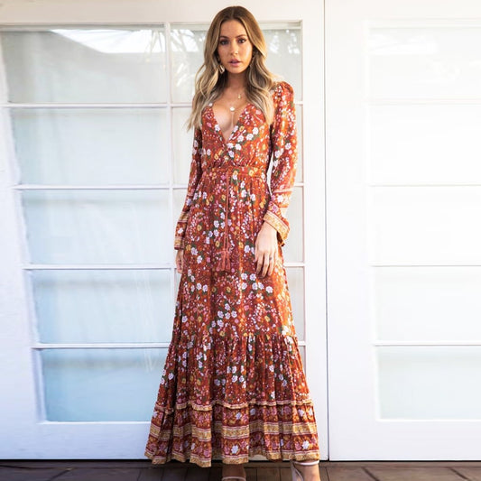 rayon maxi women dresses v-neck long sleeve