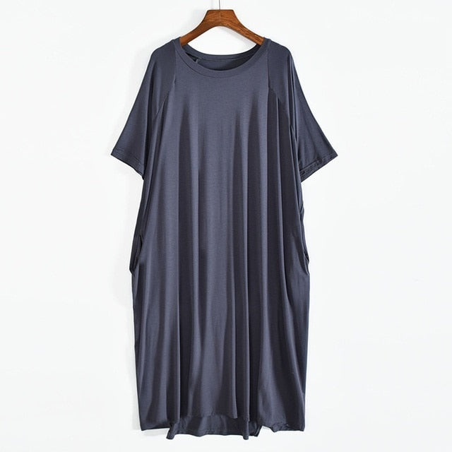 Plus Size 8XL 150kg Women Summer Modal Long Dress O Neck Short Sleeve Soft