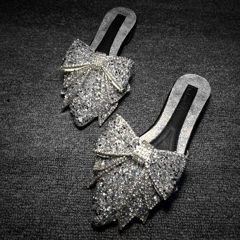Women's Bow Sandals Summer Rhinestone Slippers Female Footwear
