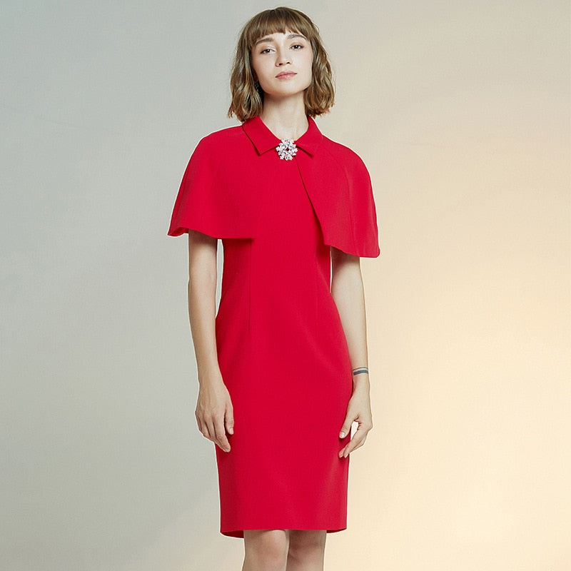 women style dress solid Cape slim dress short sleeve red Dress female