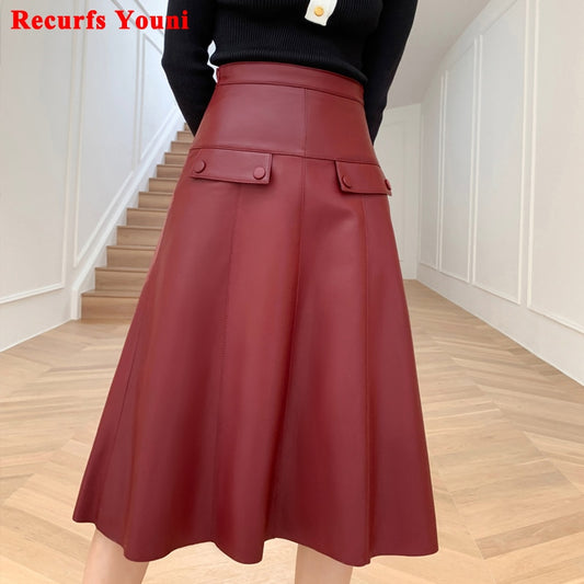 Woman Genuine Leather Skirts Female Elegant High Waist A Line Saia Mujer Over