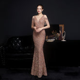 Evening wear Dresses: Elegant Gold Sequin Women Mermaid Evening Dress