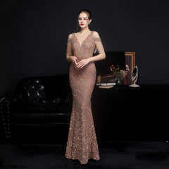 Evening wear Dresses: Elegant Gold Sequin Women Mermaid Evening Dress