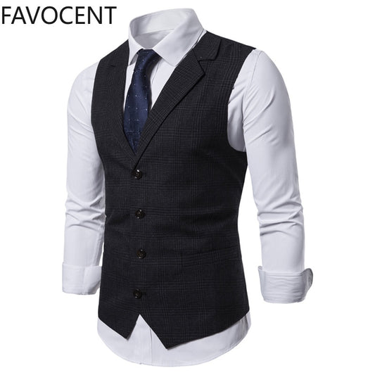 Mens Suit Vest Fashion Slim Fit Thin Plaid Men Waistcoat Tops Slim Business Vest