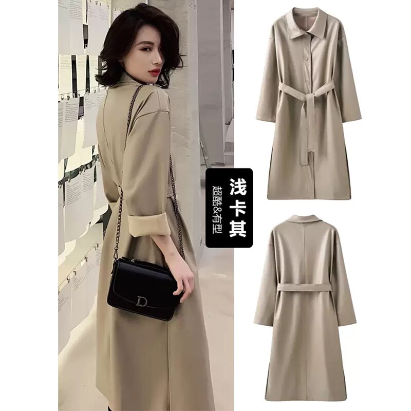 Autumn long leather trench coat for women long sleeve belt buttons