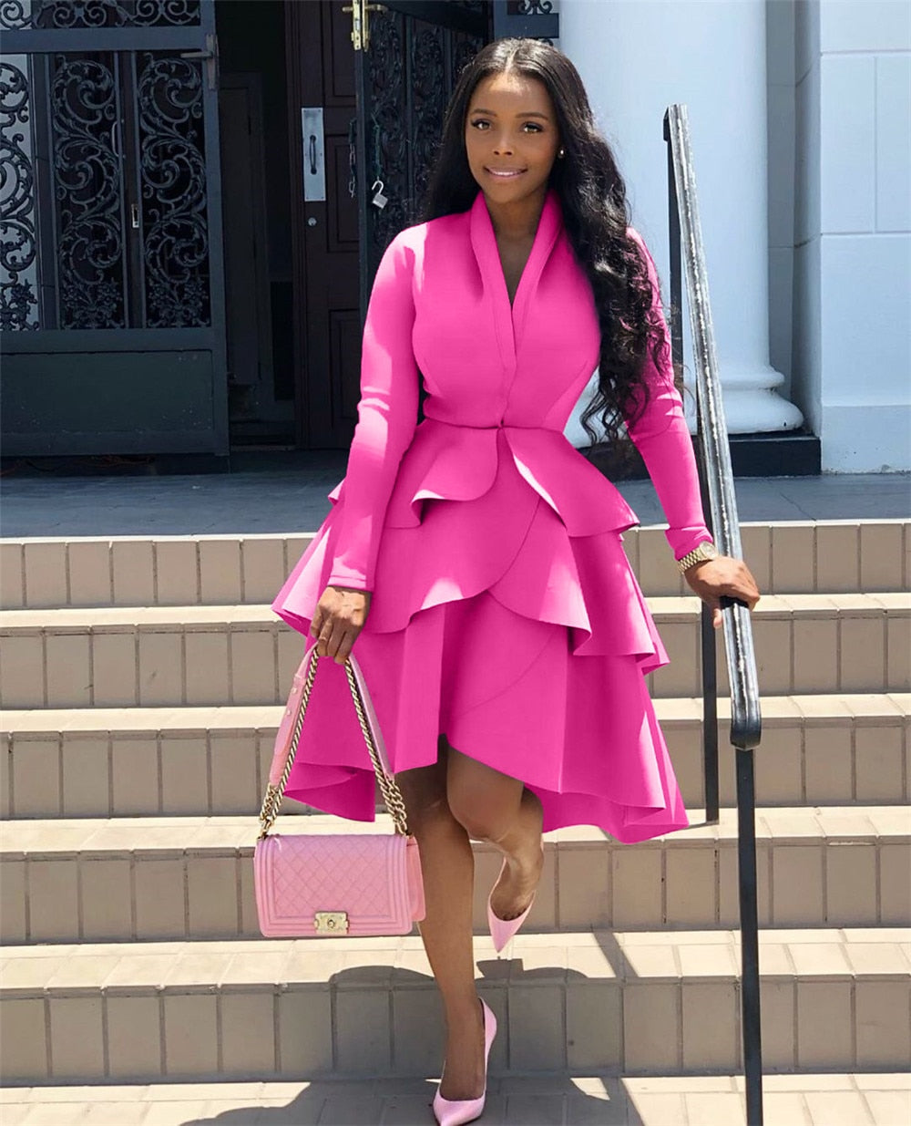 V-neck Elegant Celebrity Runway Party Dress Women Work Wear Business