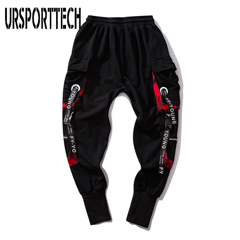 Hip Hop Joggers Men Letter Ribbons Cargo Pants Pockets Track Tactical Casual