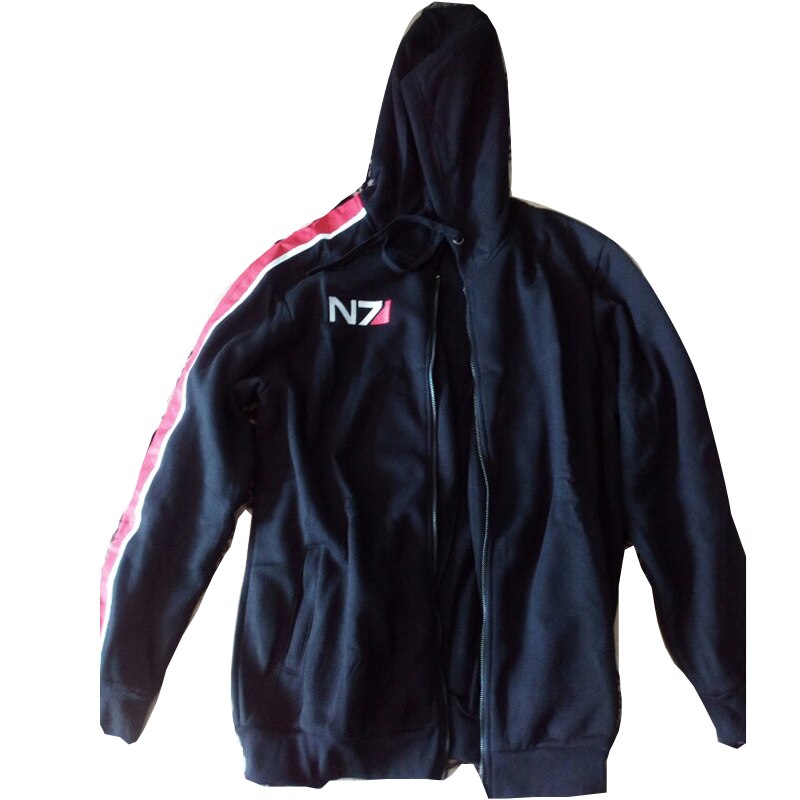 Cosplay N7 Mass Effect Zip Up Hoodie Men Black Anime Hooded Sweatshirt