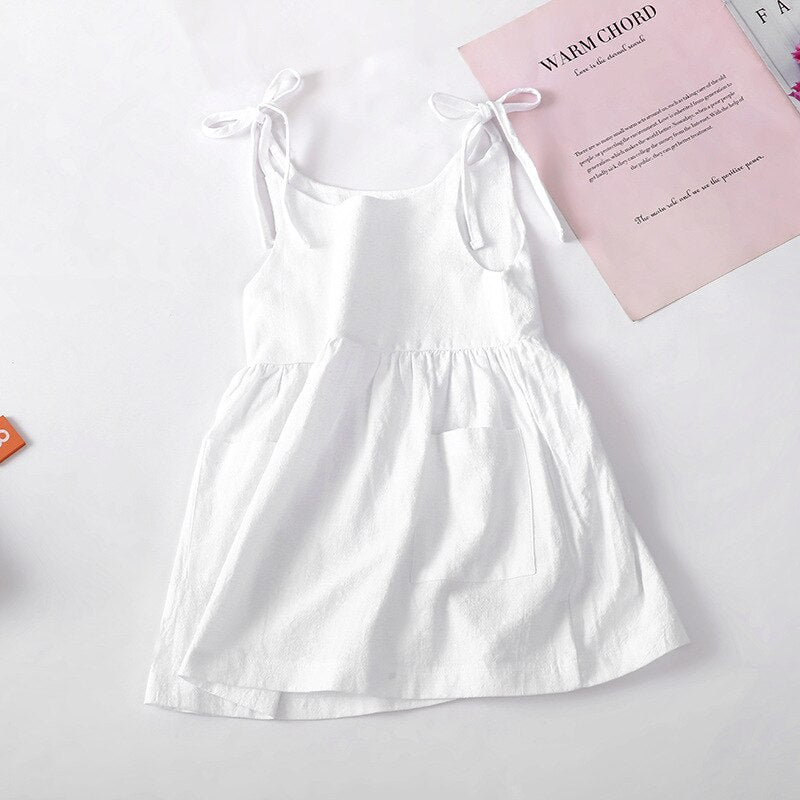 Summer Girls Clothes Dresses Pure Color Cotton Linen Sleeveless Lace-up Kids