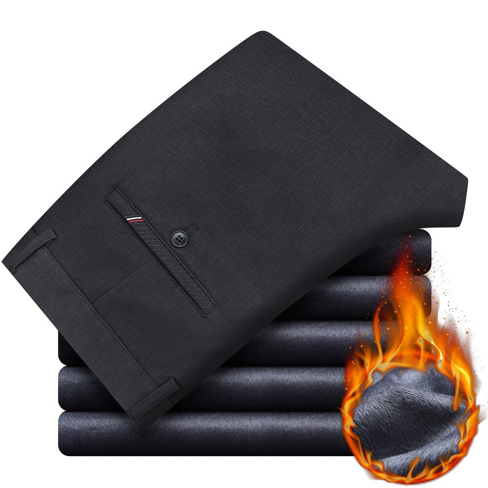 Men's Warm Casual Pants Business Fashion Fleece Thick Plaid Trousers