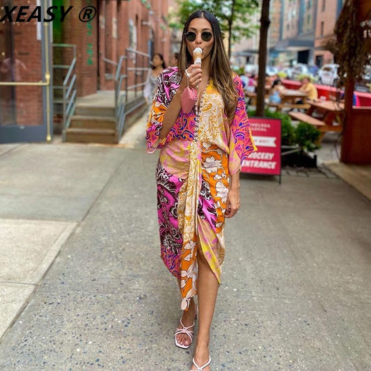 Women Vintage Printed Waist Elastic Front Slit Midi Dress Female Beading