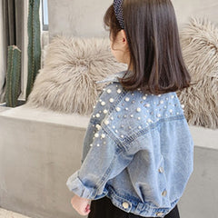 Pearls Beading Denim Jacket For Girls Fashion Coats Children Clothing Autumn