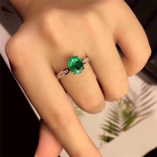 Luxury 925 Silver Ring With Green Oval natural Emerald Gemstone Silver Woman