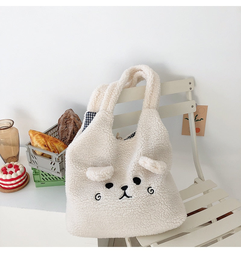 Winter Soft Plush Tote Bag Women Cartoon Embroidery Imitation