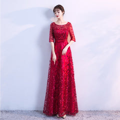 Evening wear Dresses: O Neck Half Sleeve Evening Dresses Long Tulle Appliques Elegant