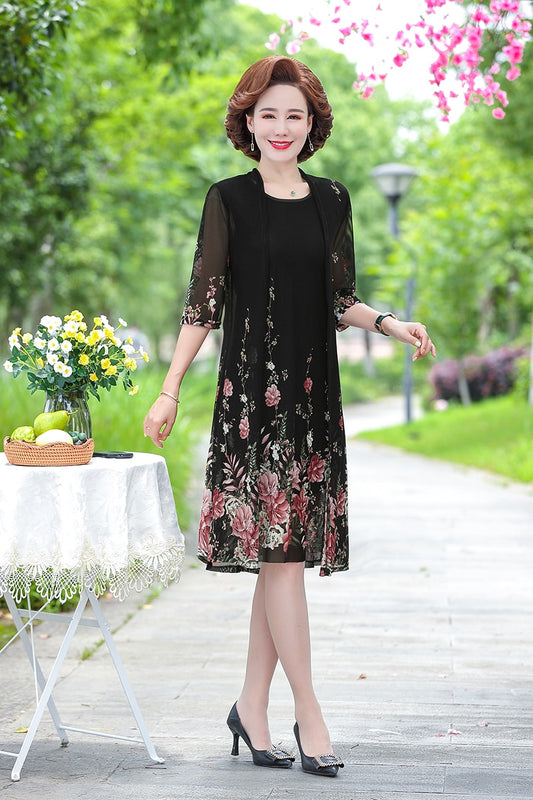 yarn 2 piece set dress cardigan women 4xl 5xl party midi flower dresses elegant