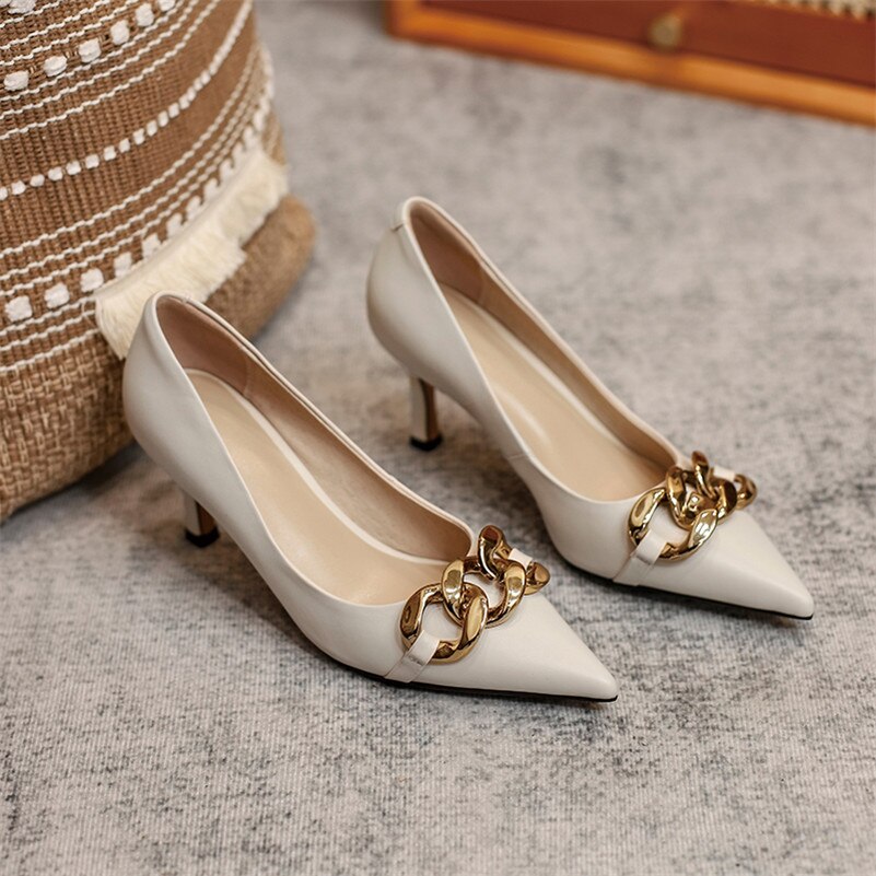Genuine Leather High Heels Stiletto Heel Women Shoes Metal Decoration