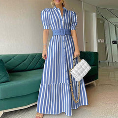 Puff Shoulder Party Dress Spring Solid Button Long Shirt Dress Women