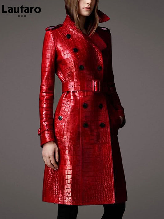 Autumn Long Red Crocodile Print Leather Trench Coat for Women