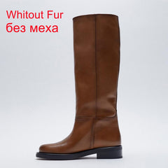 Women Genuine Leather Riding Boots Med Heel Round Toe Shoes
