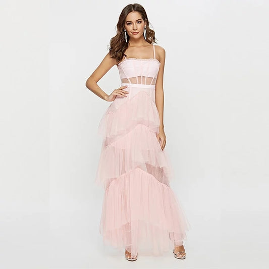 Summer Sling Long Lace Dress Women Hollow Stitching Bubble Dress Backless