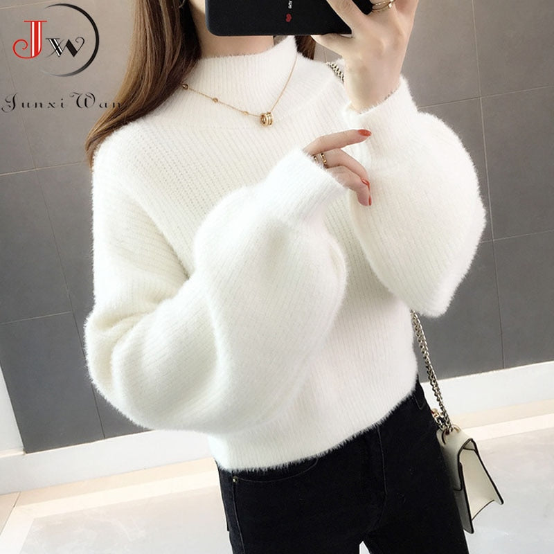 Thick Mohair Women Sweaters Turtleneck Soft Lantern Sleeve Short Pullovers